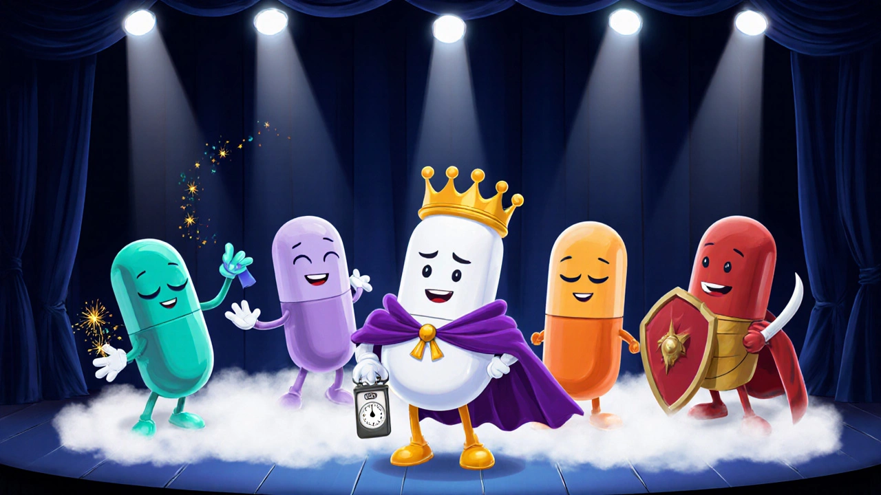 Anthropomorphic pill characters lineup on stage, each showing unique traits for different drugs.