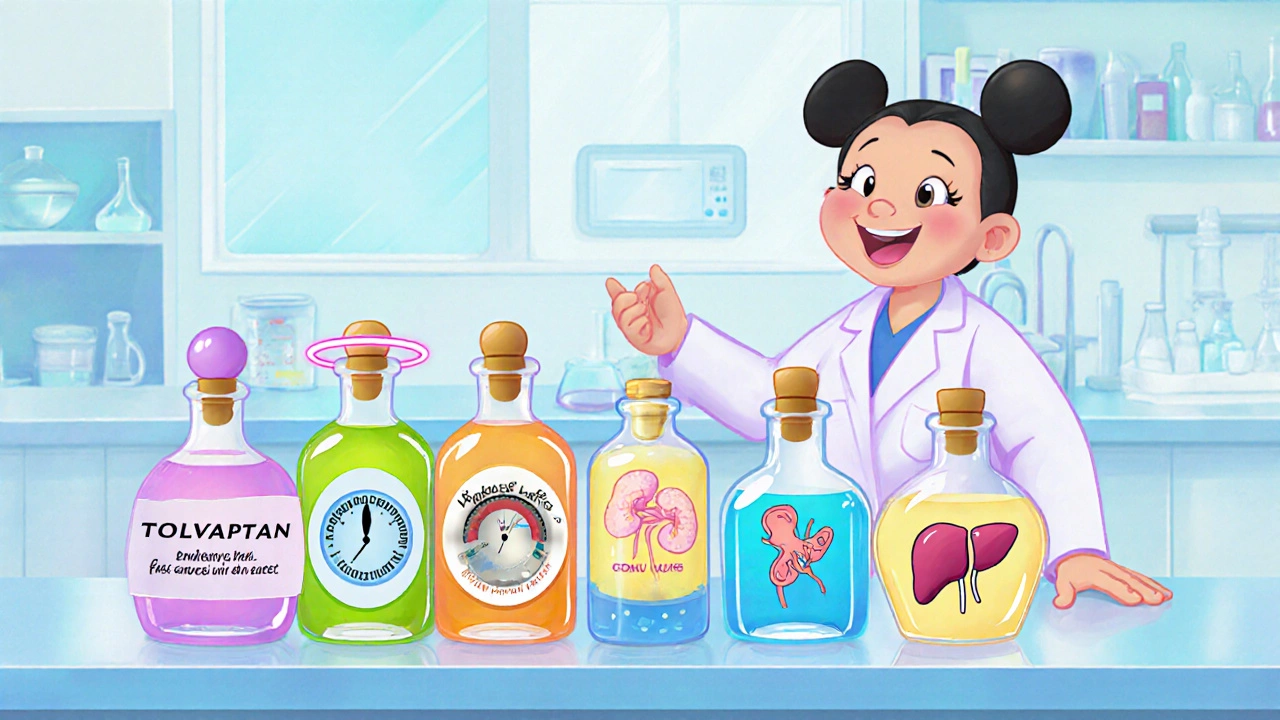 Cartoon lab kitchen with colorful potion bottles representing hyponatremia treatments.