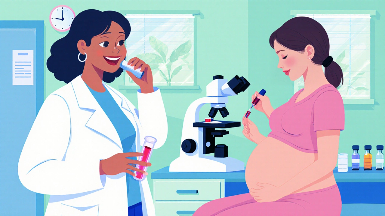 Disney‑style clinic scene with a doctor drawing blood and a lab technician viewing a microscope.