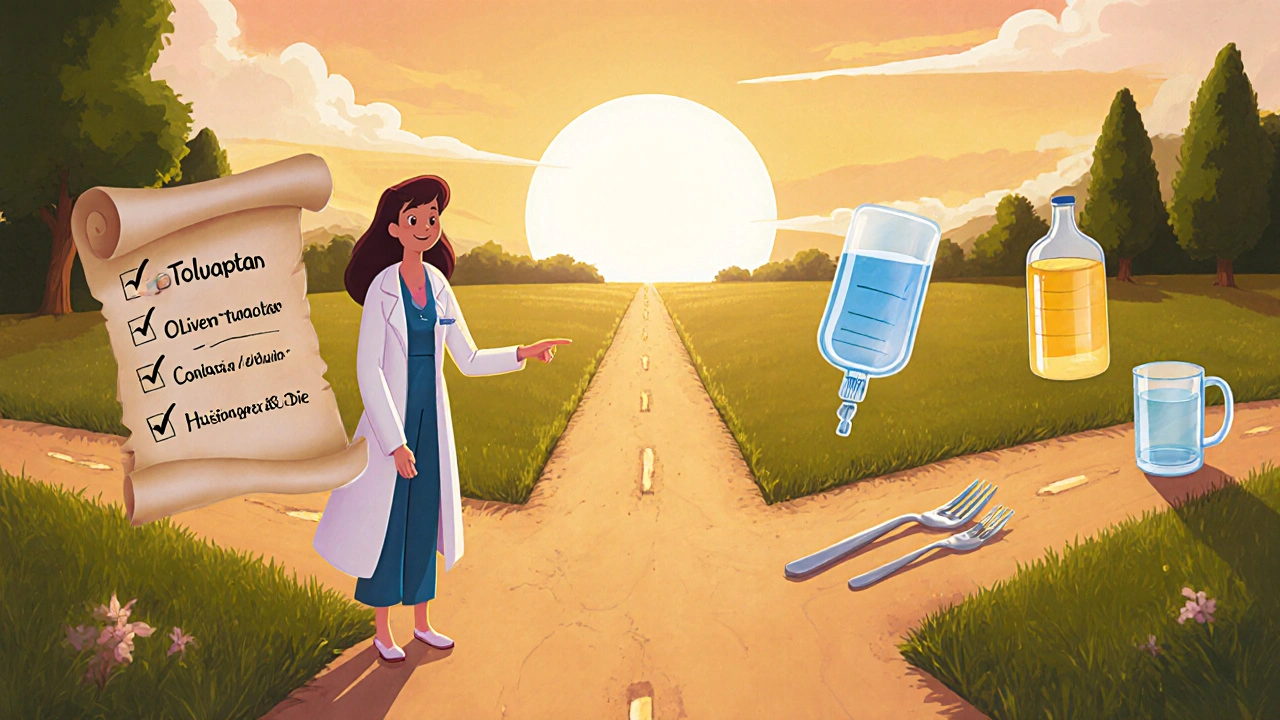 Doctor and patient at crossroads with pill, IV, and water paths and checklist icons.