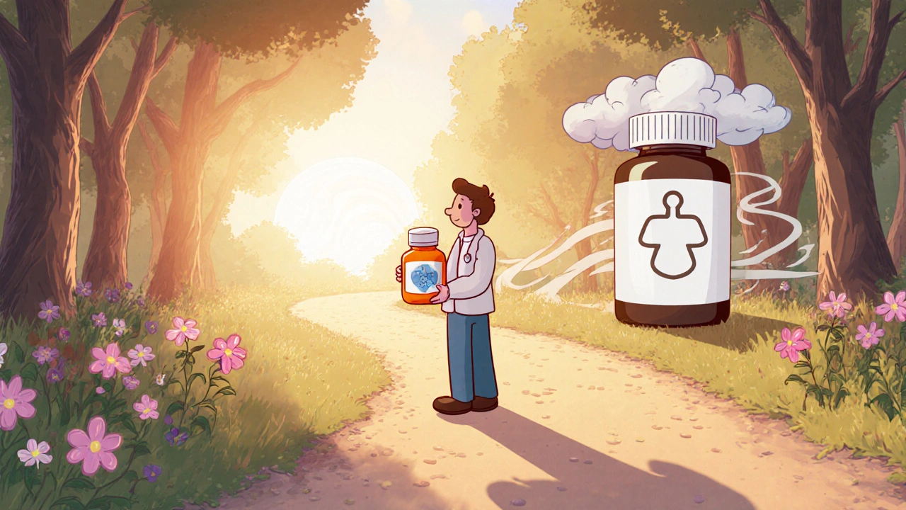 Patient at forest fork, guided by friendly psychiatrist toward sunny path versus cloudy path.