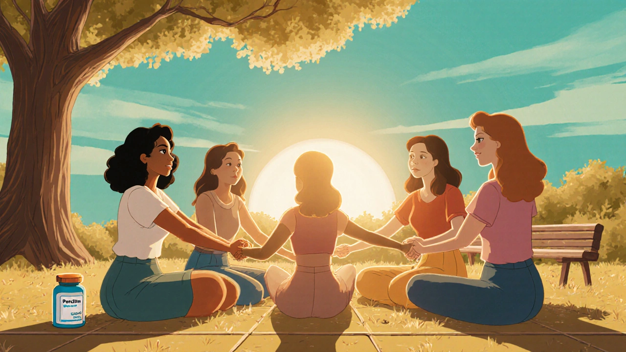 Supportive group of women holding hands under a sunrise, symbolizing recovery and hope.