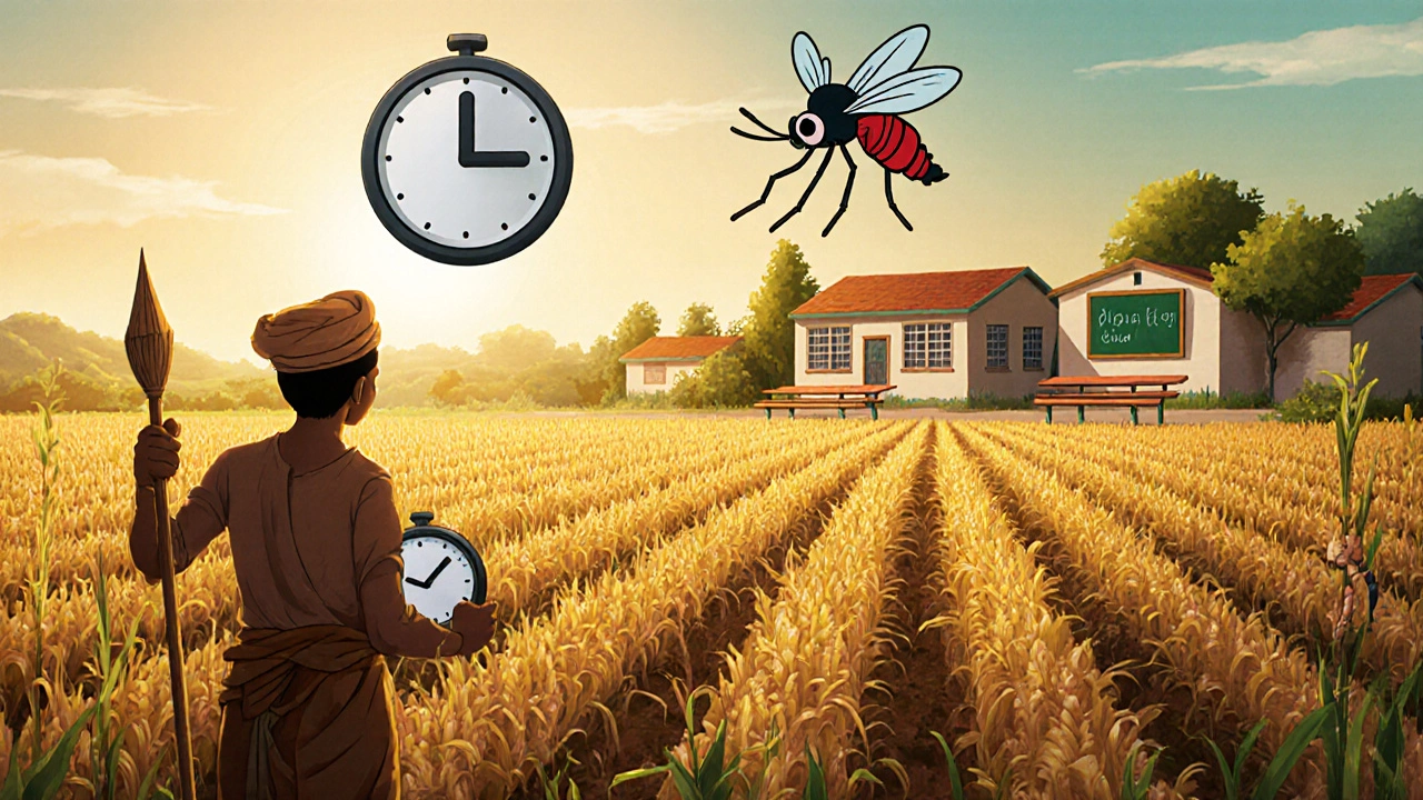 A worried farmer surveying empty farmland while a mosquito hovers overhead.