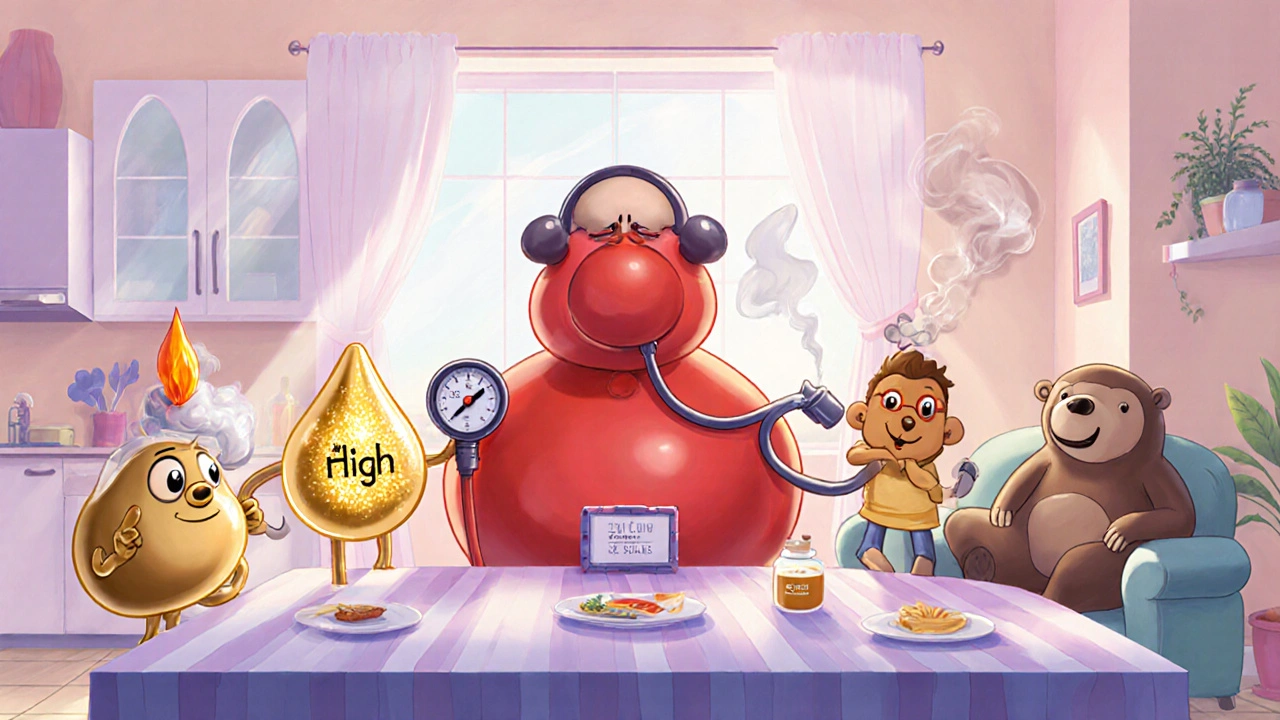 Cartoon characters personify risk factors: hypertension balloon, LDL coin, smoking puff, diabetes droplet, obesity bear, inactivity sloth.