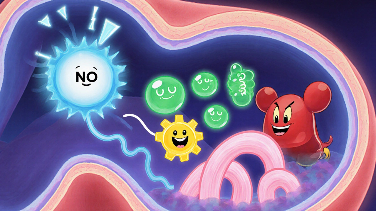 Cartoon illustration of nitric oxide activating cGMP, relaxing smooth muscle, while a red PDE5 pill tries to block it.