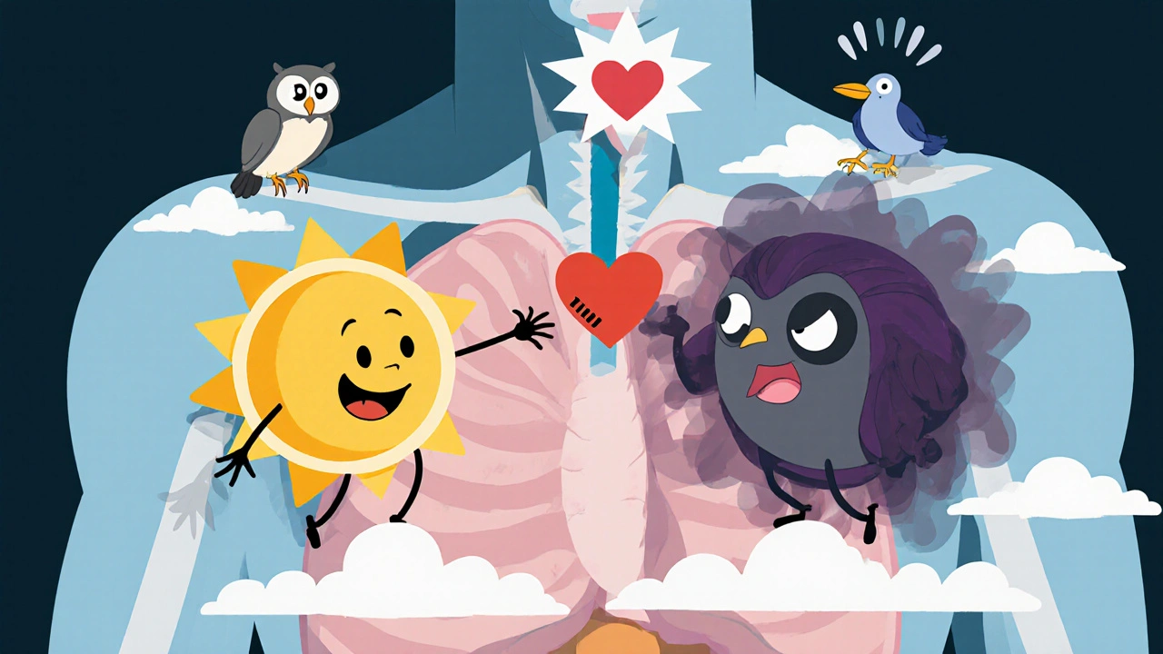 Cartoon inside body showing cortisol monster blocking testosterone from reaching a heart.