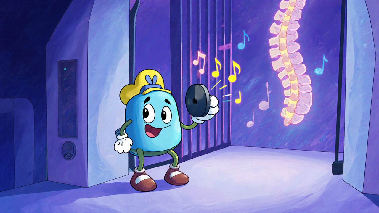 Cartoon of tizanidine lowering muscle signals in a spinal cord.