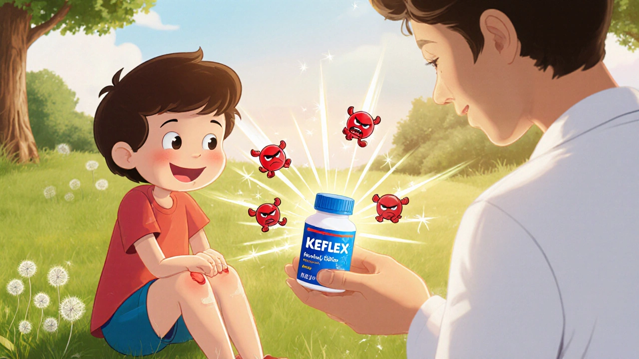 Child with a knee cut receiving Keflex from a smiling doctor, bacteria fleeing.