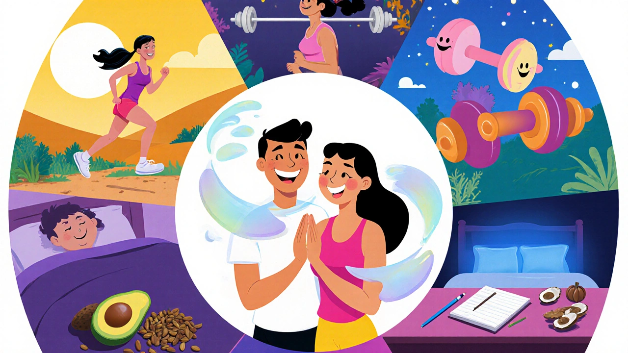 Collage of a couple doing breathing, exercising, sleeping, eating healthy, and journaling.