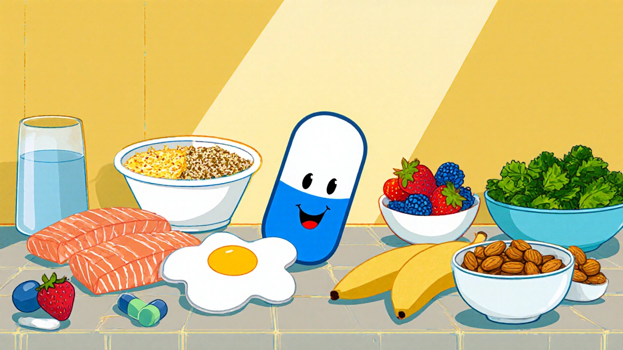 Colorful spread of protein, omega‑3 and B6 foods with a happy pill character.