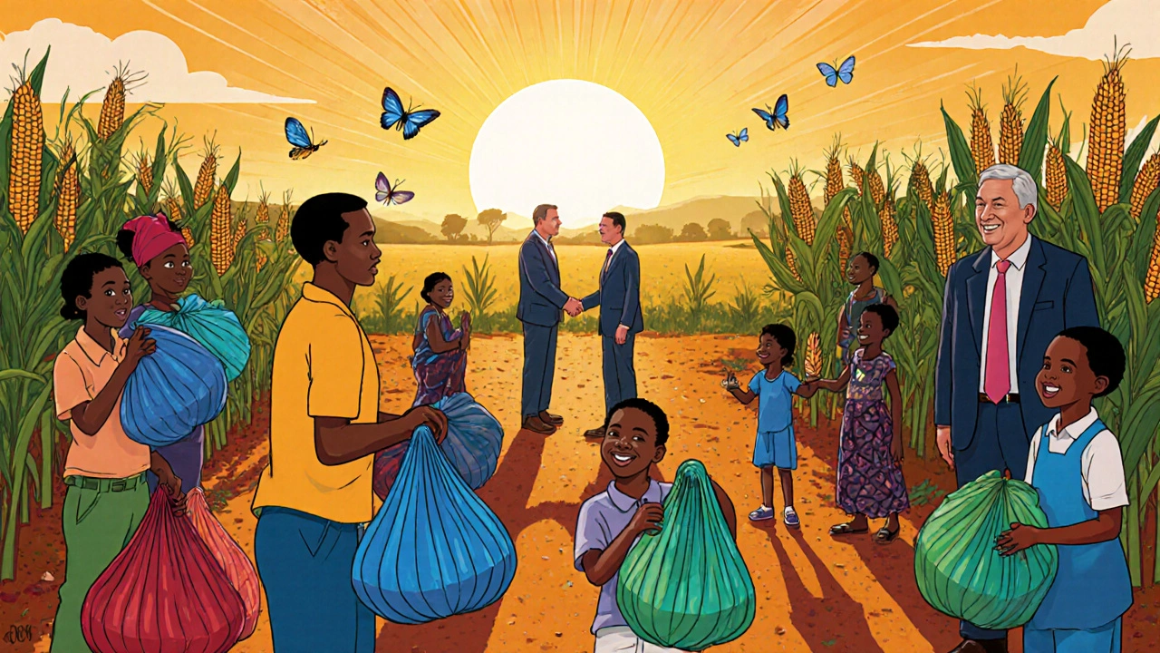 Community health workers distribute nets as children play and crops flourish.