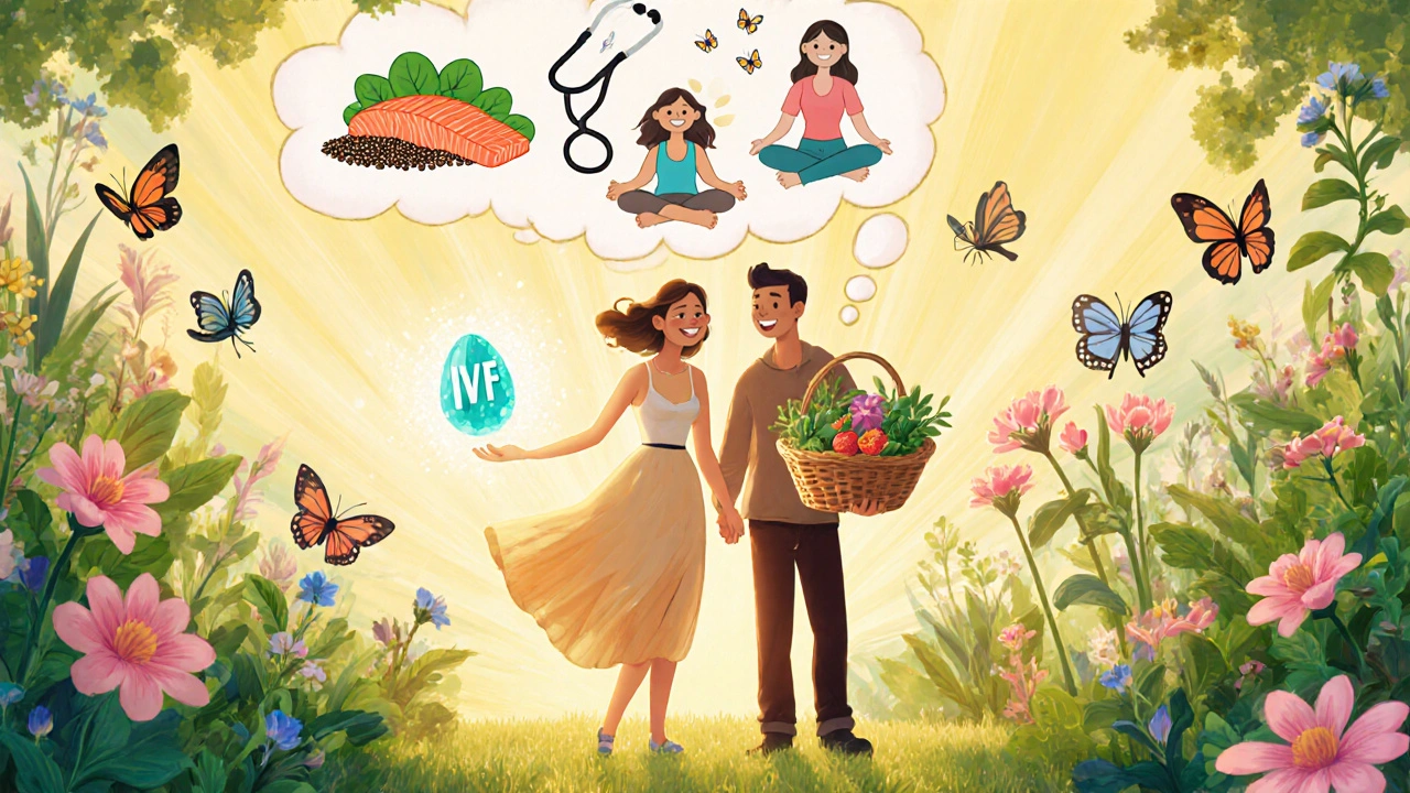 Couple in garden holding IVF egg and healthy foods, smiling.