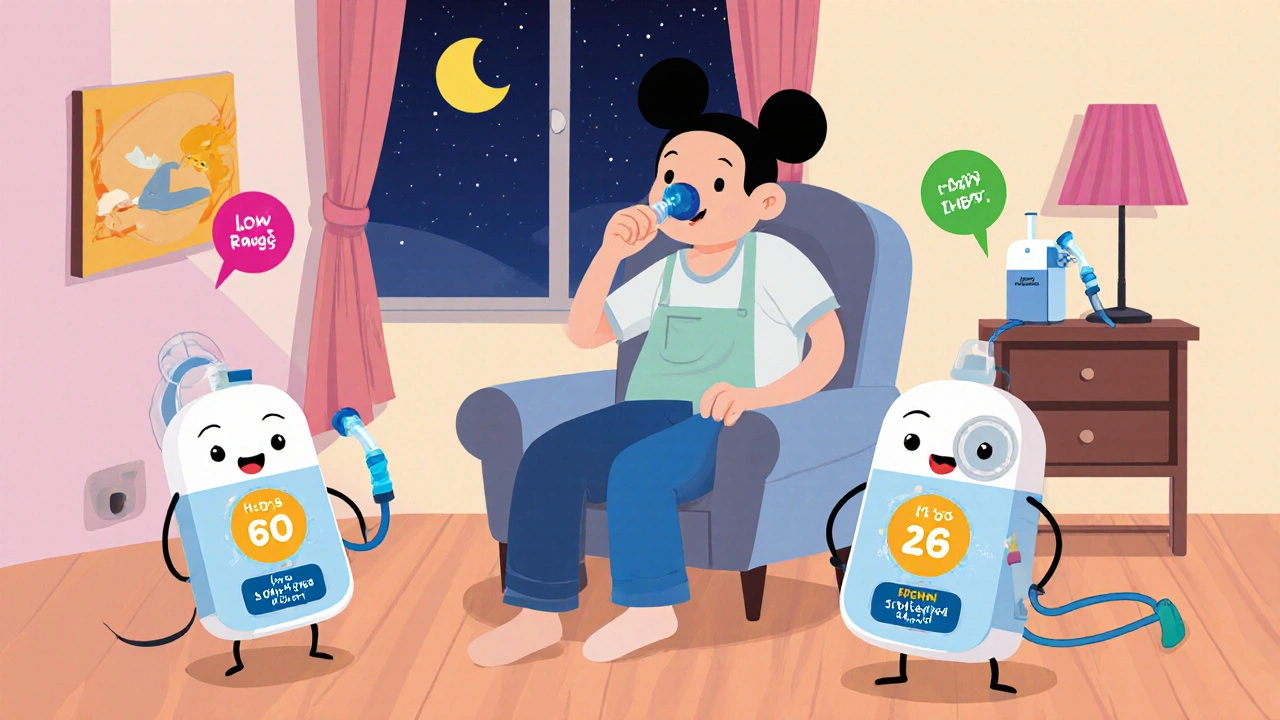 Cozy home scene showing three cartoon oxygen devices and a patient adjusting a cannula.