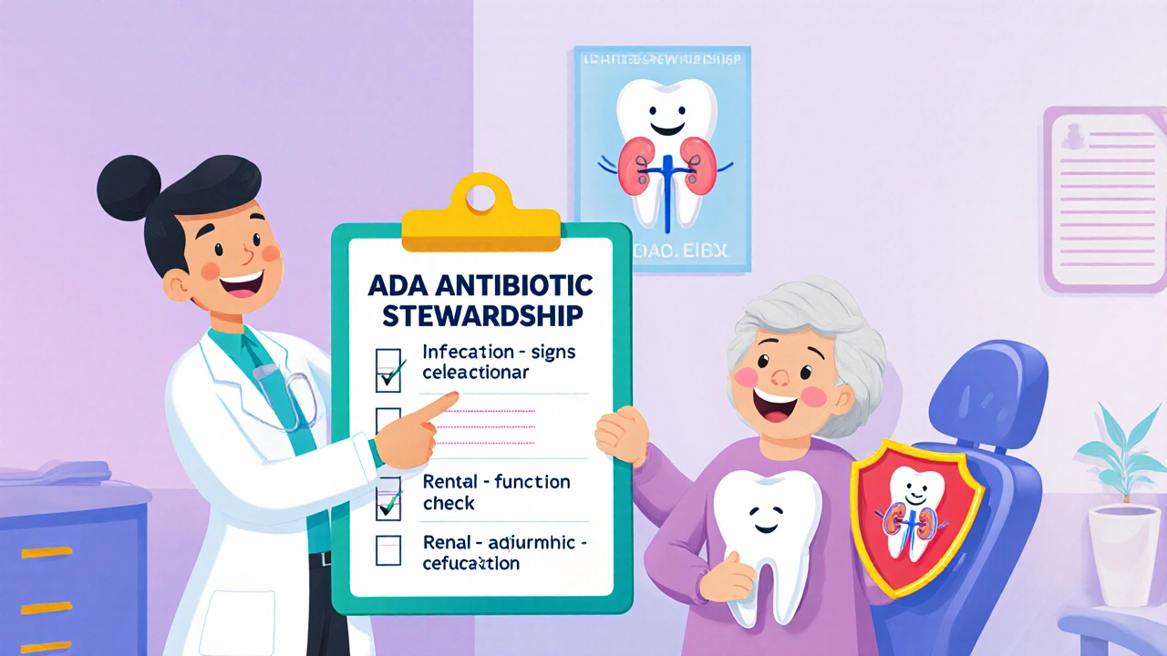 Dental stewardship checklist with dentist, renal check icon, and patient in a calm clinic.