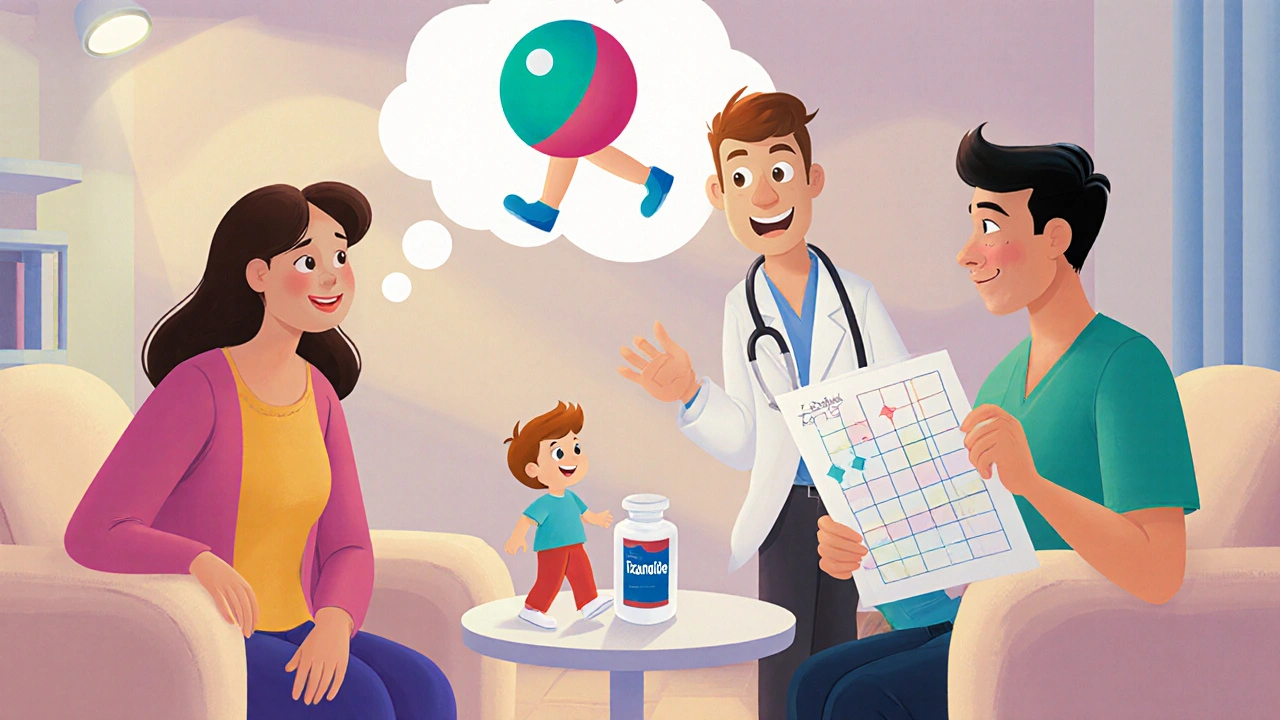 Doctor discussing treatment with parents, showing happy child.