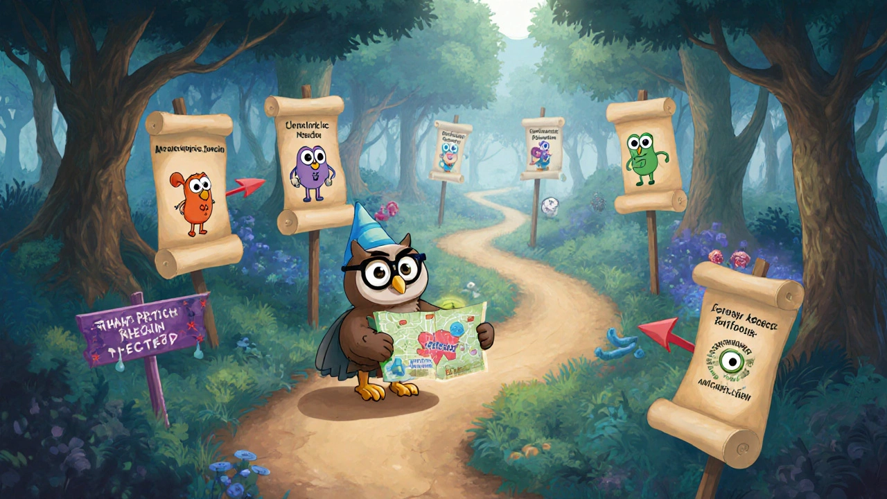 Enchanted forest path with antibiotic signs and a wise owl guiding choices.