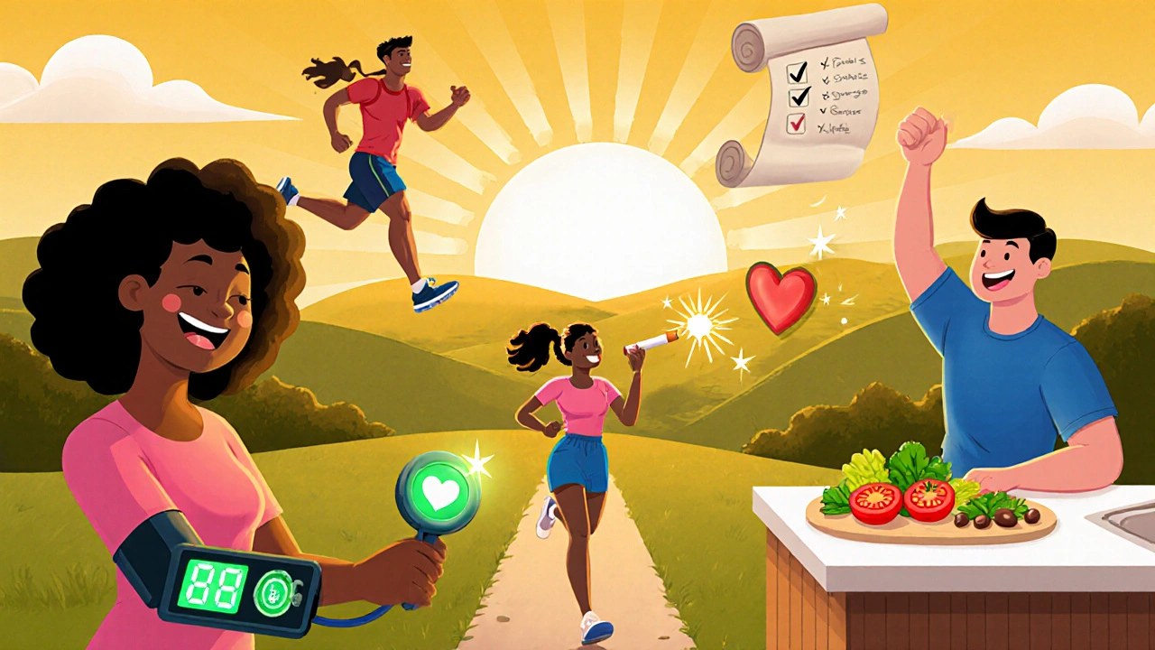 Heroes check blood pressure, run, cook vegetables, quit smoking, with a floating checklist under a sunrise.