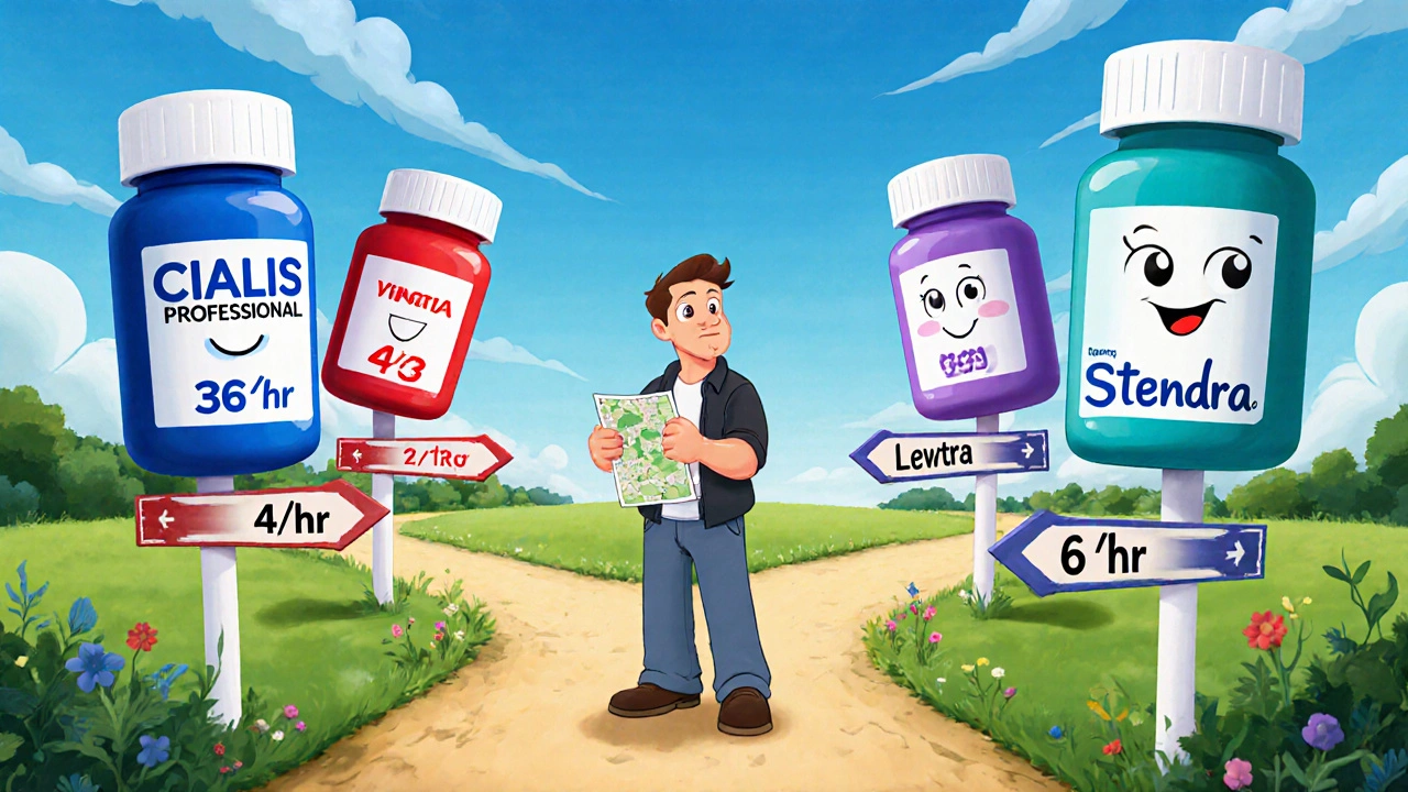 Man at a garden fork with four smiling pill bottles labeled Cialis Professional, Viagra, Levitra, and Stendra pointing different ways.