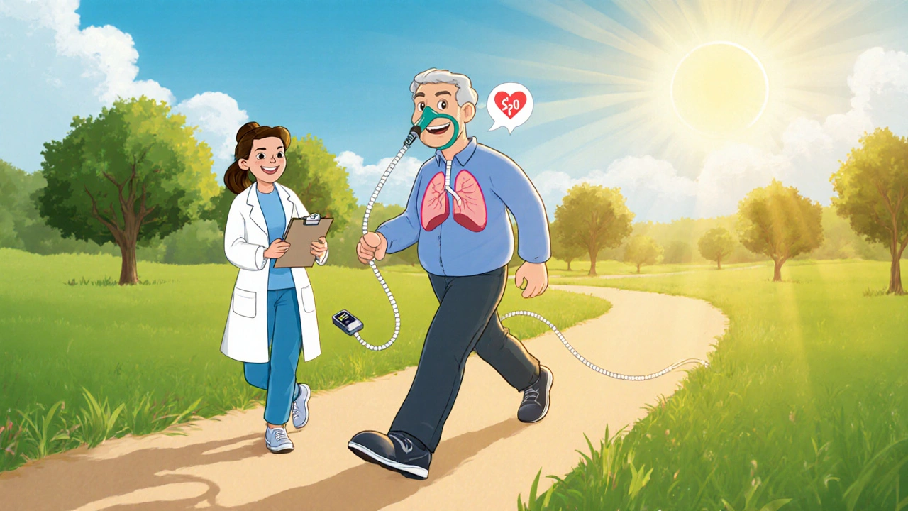Patient walks in a park wearing a nasal cannula during a six‑minute walk test.