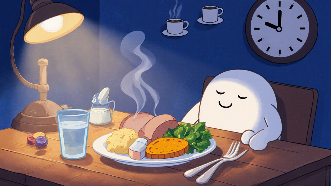 Peaceful evening scene with pill beside balanced meals, water and tea.