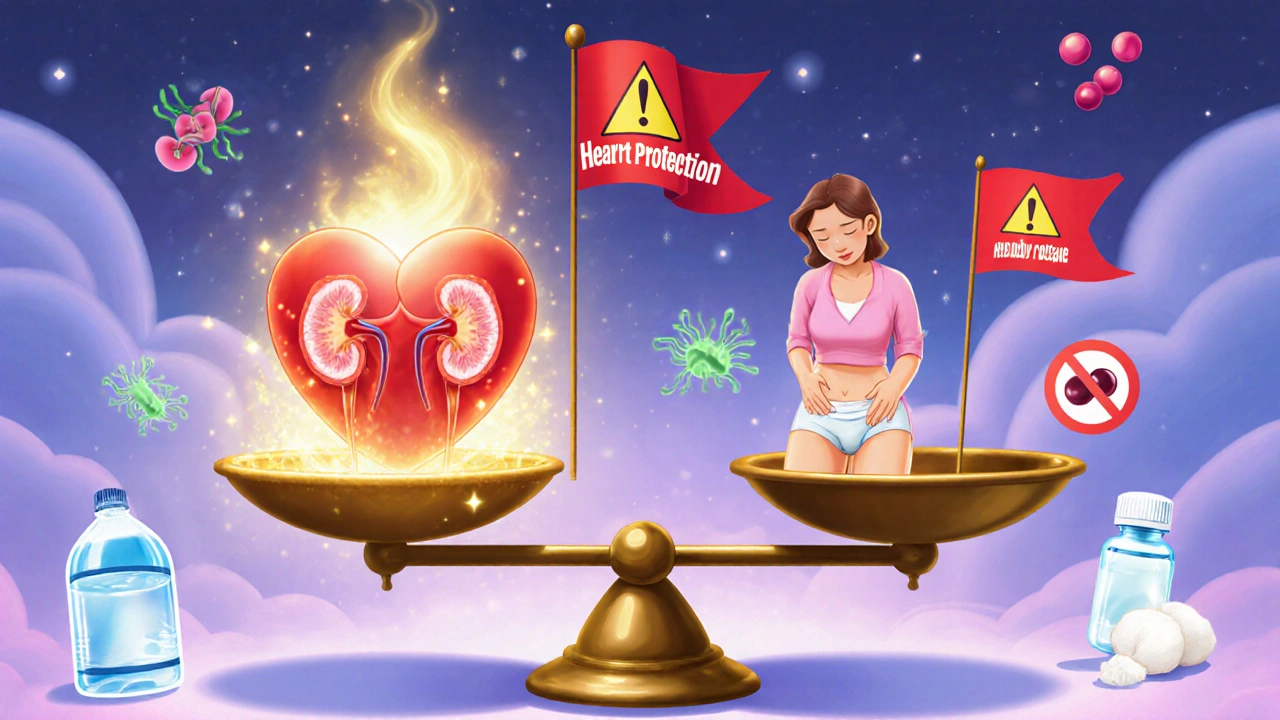 A balanced scale showing heart and kidney benefits versus infection risks in Disney illustration style.