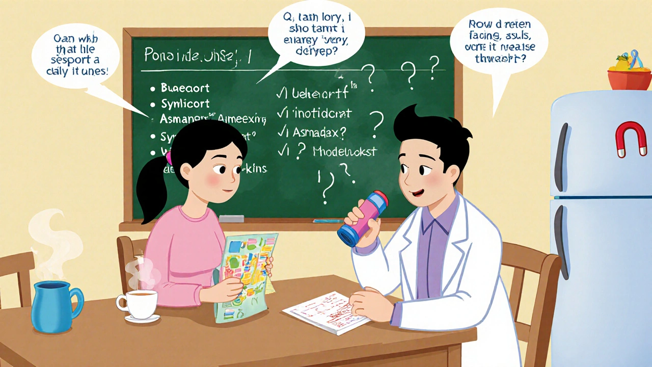 A doctor and patient review inhaler options at a kitchen table, with a chalkboard listing pros and cons under soft morning light.