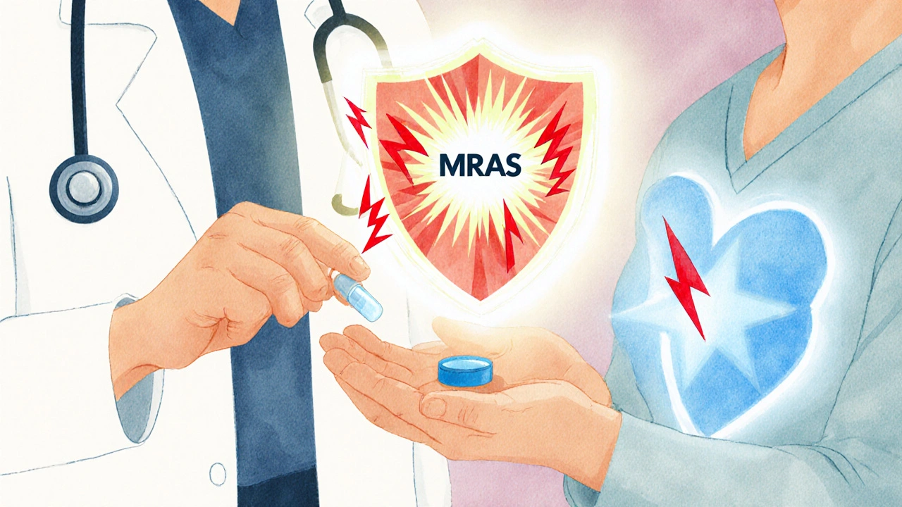 A doctor gives a potassium-sparing pill to a patient, while a protective shield blocks dangerous heart rhythms in a Disney-style scene.
