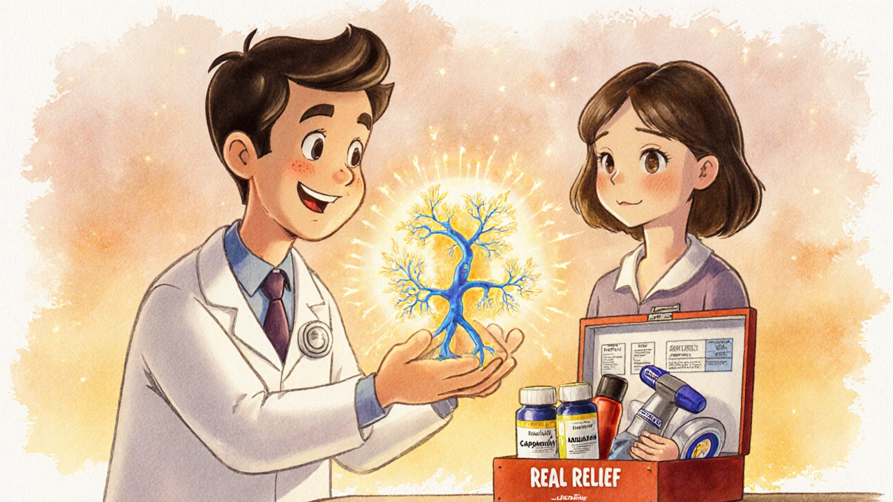 A doctor guides a patient to nerve pain relief tools like gabapentin and TENS unit in whimsical Disney art.