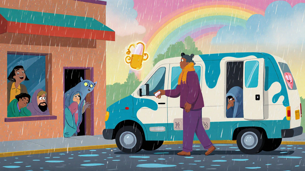 A healthcare worker gives a pill to someone at a shelter van, with hopeful onlookers and a fading virus shadow in a gentle rain.