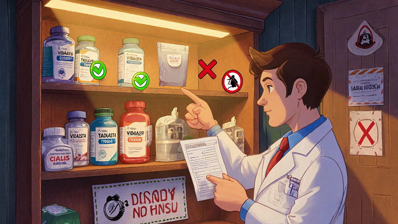 A man in a UK pharmacy receives advice from a pharmacist, with safe and unsafe pill options shown visually.