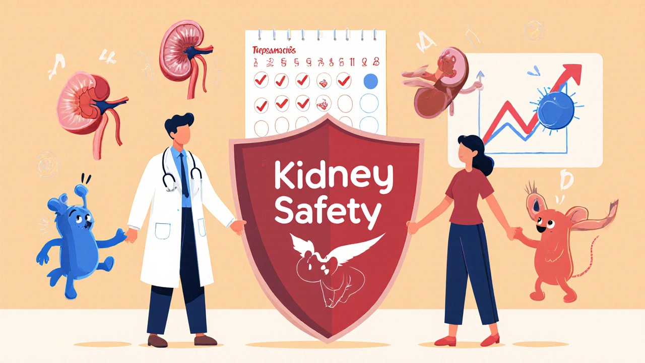 A medical team and pills forming a protective circle around a kidney shield in a friendly Disney-style illustration.