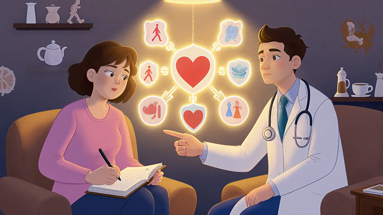 A patient and doctor discussing treatment options in a warm clinic, with a glowing flowchart of blood pressure meds and lifestyle symbols.