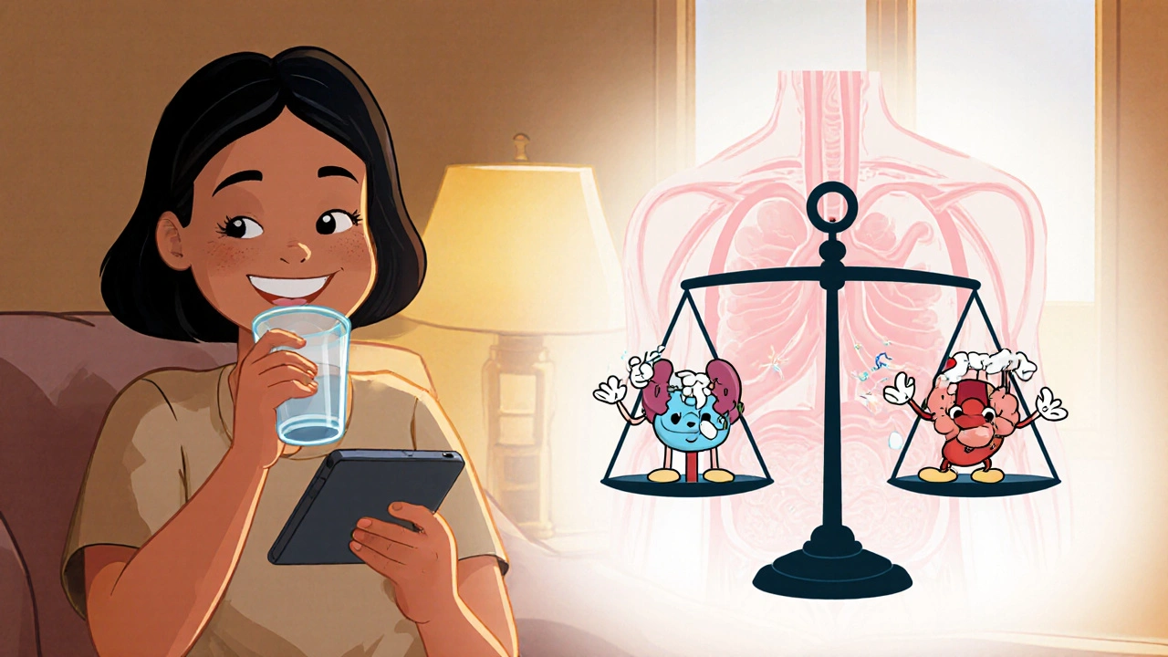 A patient’s body shows balanced potassium levels with meds working together, in a warm, animated Disney-style cross-section.