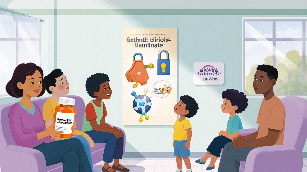 A pediatric clinic waiting room with a parent holding a prescription and a poster explaining how clavulanic acid works.