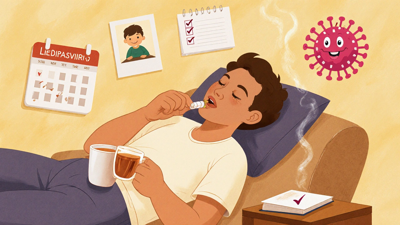 A person taking their daily hepatitis C pill at home, surrounded by symbols of family and recovery, with a fading virus in the corner.