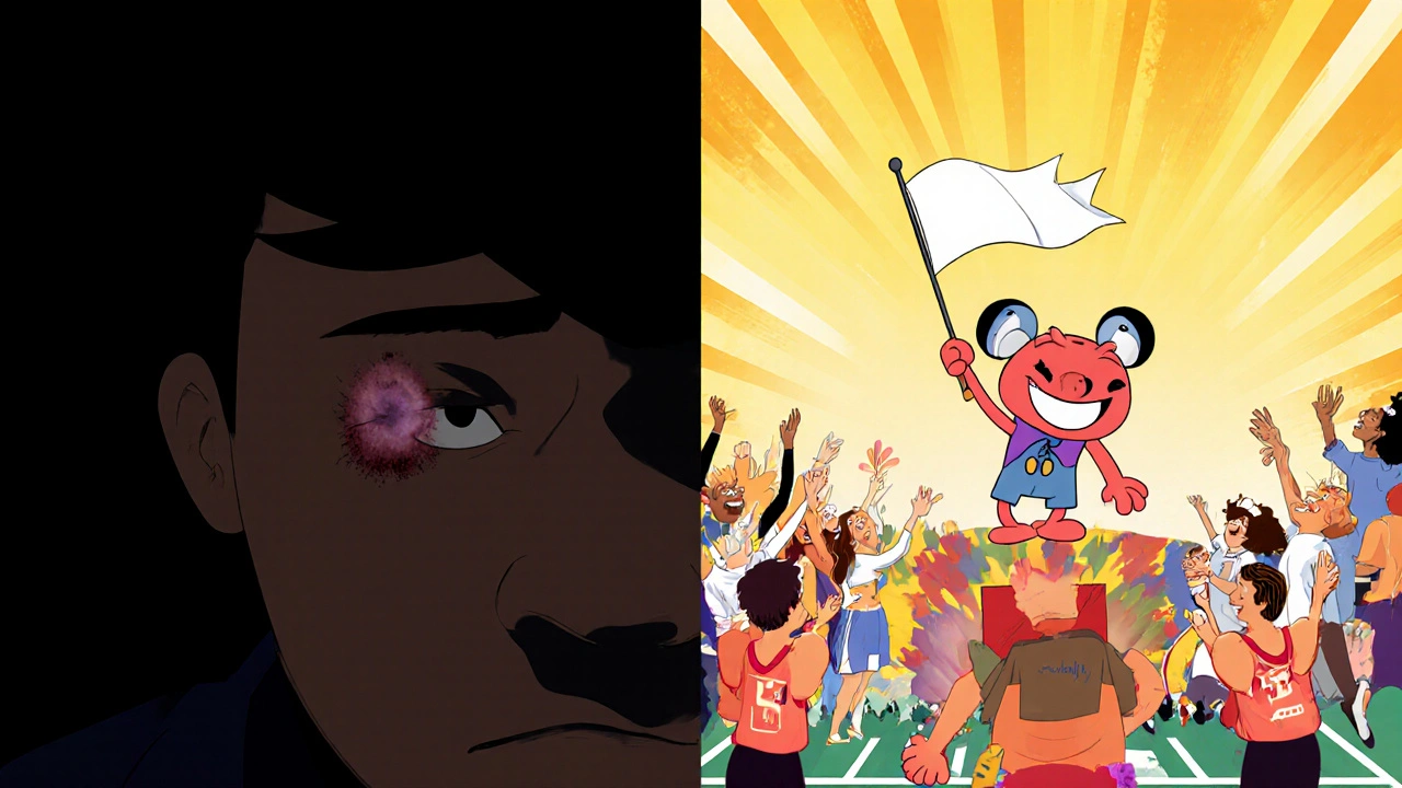 A person with HIV before and after famciclovir treatment, showing dramatic improvement in mood and health.