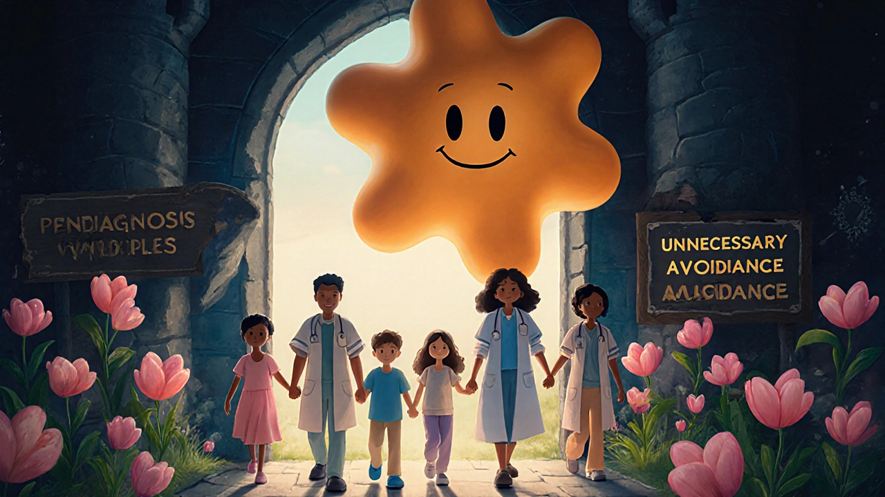 A smiling penicillin molecule leading patients out of a dark castle into a vibrant garden of antibiotic flowers.