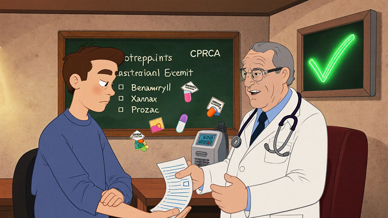 A trucker shows his medication list to a kind Medical Examiner with warning icons floating around pills.