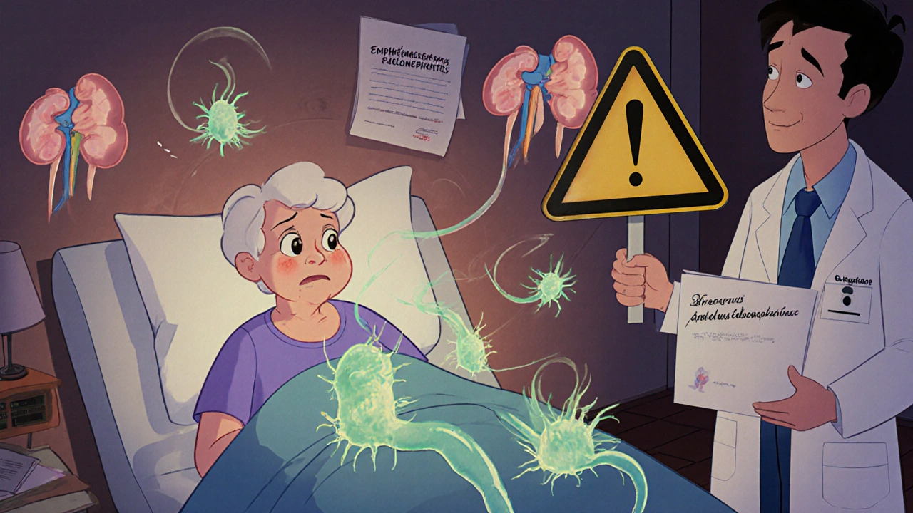An elderly woman in a hospital bed with glowing bacteria near her kidneys, a doctor holding a warning sign.