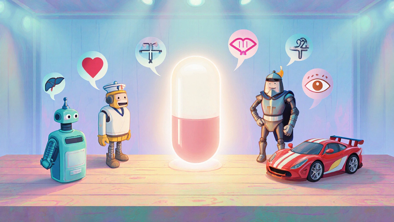 Animated drug bottles with distinct characters gathered around a central methotrexate pill.