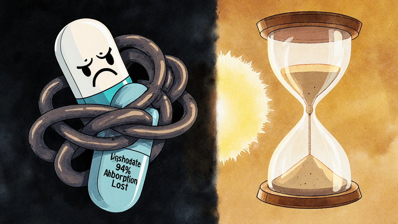 Cartoon bisphosphonate and calcium pills stuck together vs. separated by an hourglass.