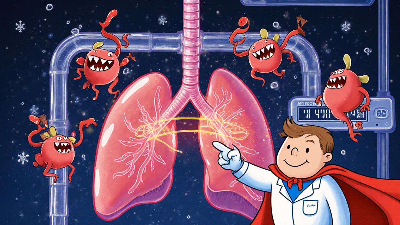 Cartoon clot monsters frozen by heparin&#039;s force field as antithrombin superhero watches over a heart-lung machine in Disney style.