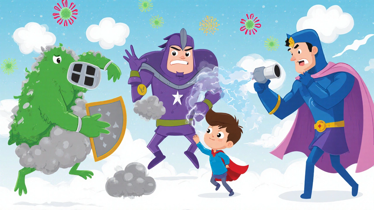 Cartoon superheroes representing different inhalers fighting inflammation monsters to protect a child&#039;s lungs in a dreamy sky.