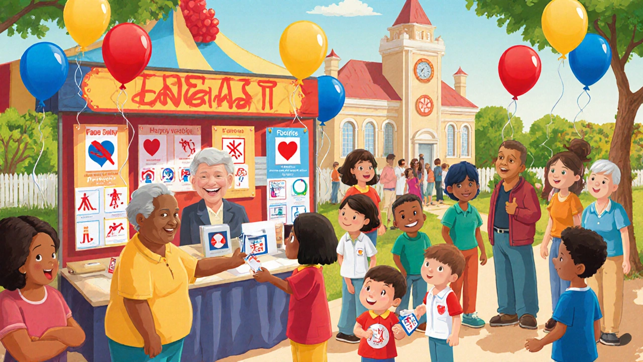 Community health fair with diverse people learning FAST signs.