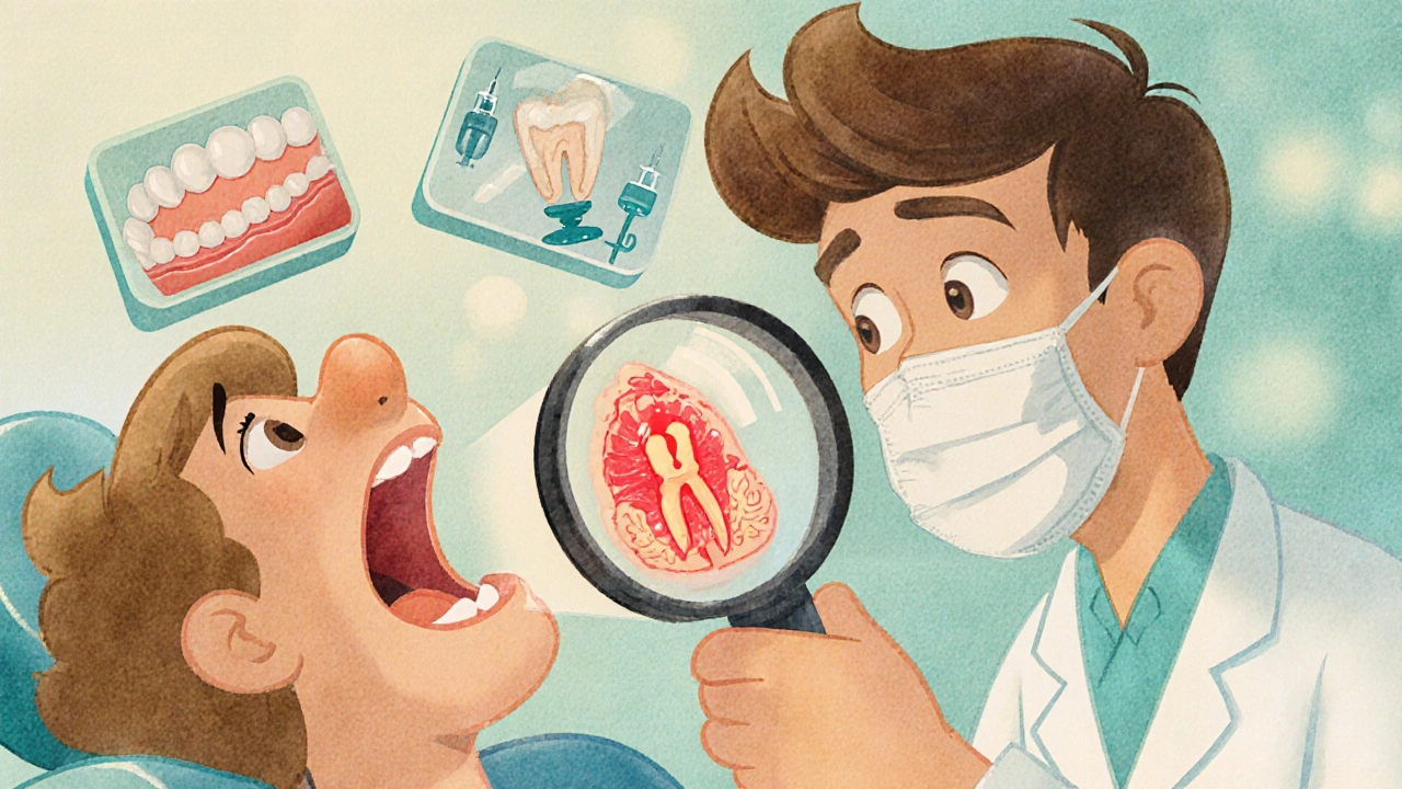 Dentist examining jaw with glowing warning sign above exposed bone