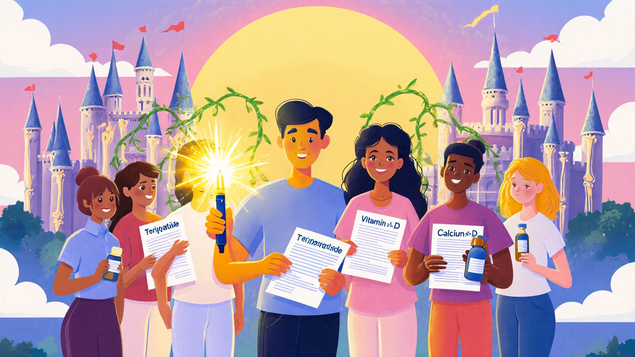 Diverse group holding bone reports, one injecting teriparatide as new bone grows like vines around them.