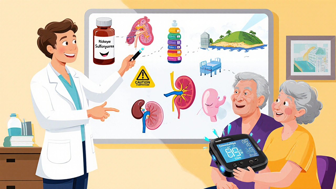 Doctor pointing at a chart of hypoglycemia risk factors with cartoon pills, kidney, medication bottles, and CGM device.