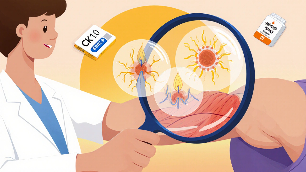 Doctor using a magnifying glass to reveal muscle and nerve issues caused by statins, with diagnostic tools floating around.
