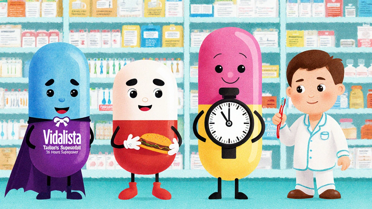 Four cartoon pill characters representing ED medications, each with unique traits, in a colorful pharmacy shelf.