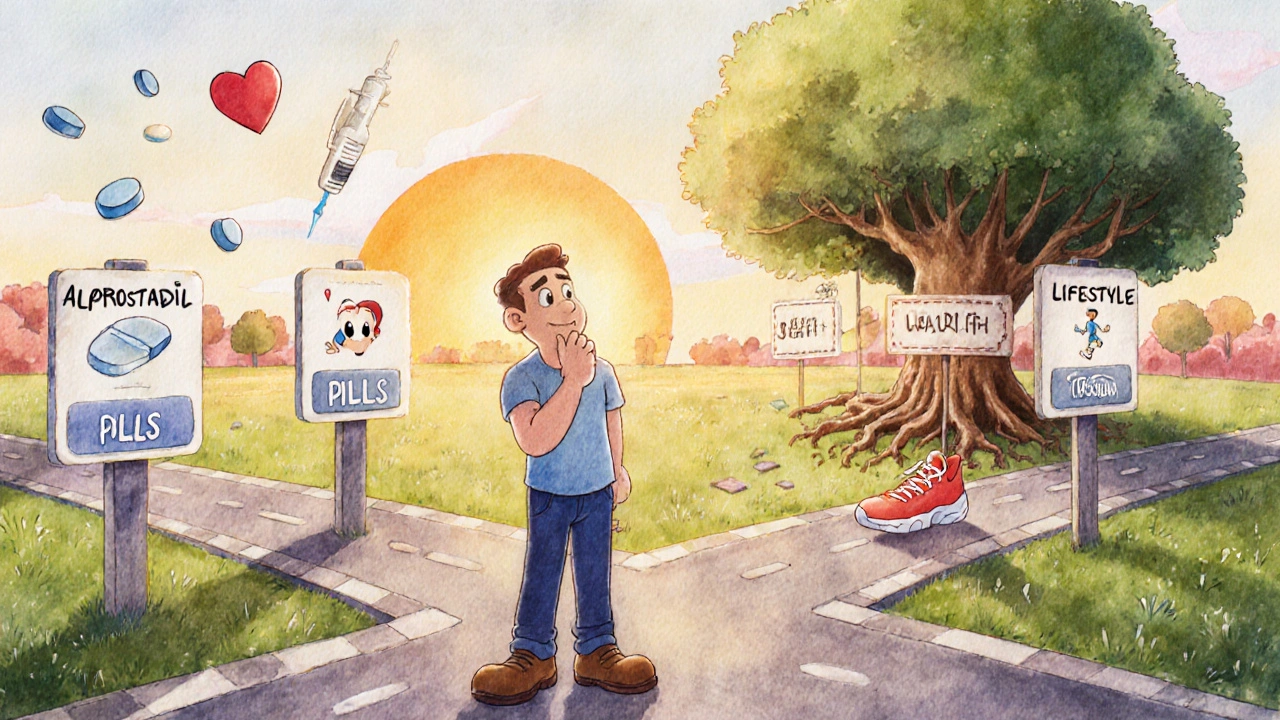 Man choosing between ED treatments at a crossroads with lifestyle path glowing in Disney illustration